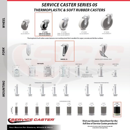 Service Caster 2 Inch Thermoplastic Wheel 1-7/8 Inch Expanding Stem Caster Set with 2 Brakes SCC-EX05S210-TPRS-178-2-SLB-2